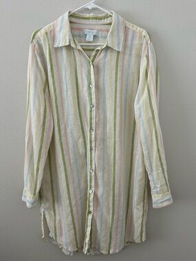 Cynthia Rowley Button Up Linen Shirt Tunic Womens XL Pastel Stripes Beach Preppy